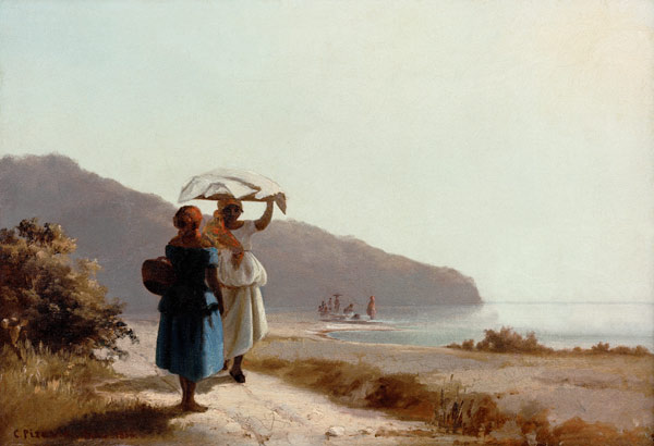 Two talking women on the sea beach de Camille Pissarro