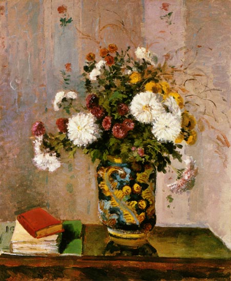 Bouquet of flowers: Chrysanthemums in a porcelain de Camille Pissarro
