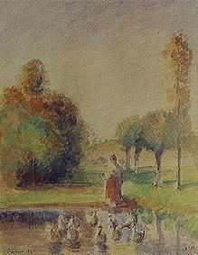 Young woman on the shore of a pond. de Camille Pissarro