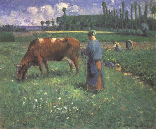 Girl with cow on a pasture de Camille Pissarro
