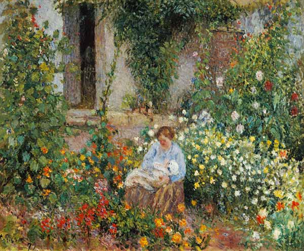 Mother and Child in the Flowers de Camille Pissarro