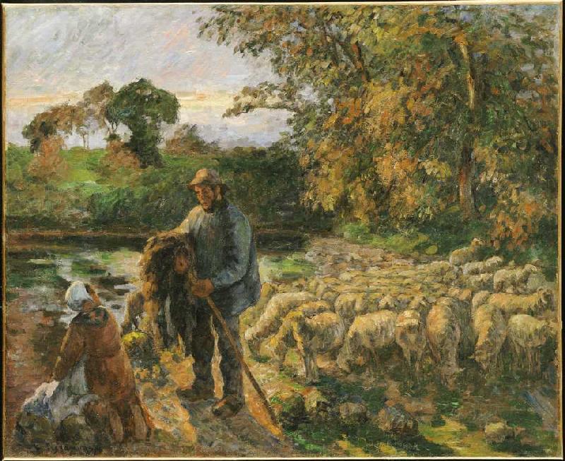 At sunset of shepherds in Montfoucault returning h de Camille Pissarro
