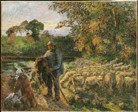 At sunset of shepherds in Montfoucault returning h