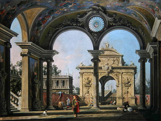 Capriccio of a triumphal arch seen through an ornate archway, c.1750 (oil on canvas) de Giovanni Antonio Canal
