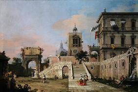 Capriccio of twin flights of steps leading to a palazzo, c.1750 (oil on canvas)