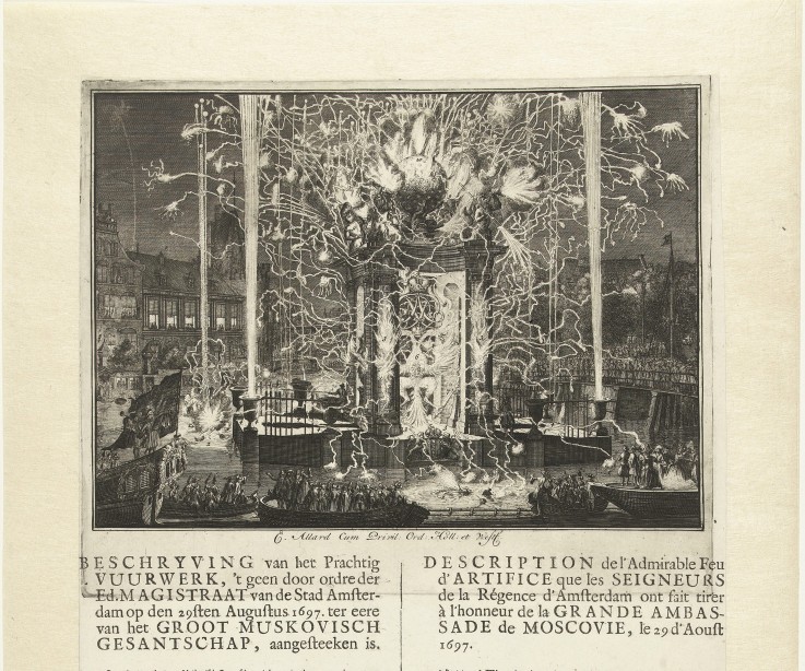 Fireworks celebrating the arrival of the embassy of Muscovy in Amsterdam 1697 de Carel Allard