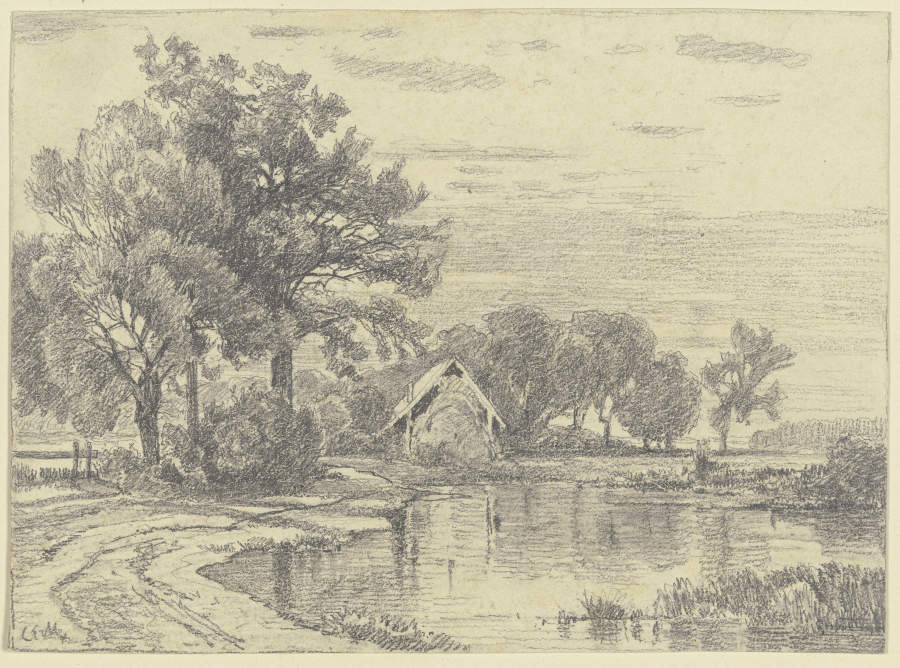 Eine Hütte an einem Teich de Carl Ernst Morgenstern