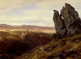 Low mountain range landscape with ruins of a castl de Carl Friedrich Lessing