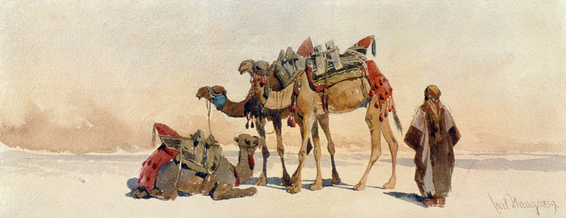 Resting with Three Camels in the Desert de Carl Haag