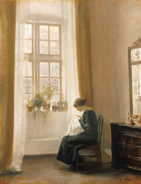 A Girl Sewing in an Interior de Carl Holsoe