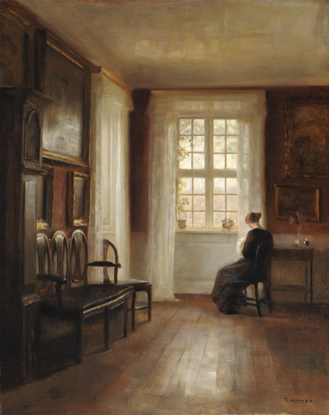 Interior with Woman Sewing (oil on canvas) de Carl Holsoe