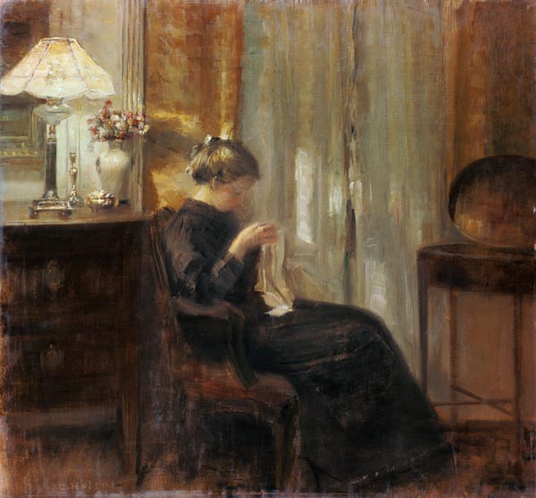 Woman in an interior doing needlework. de Carl Holsoe