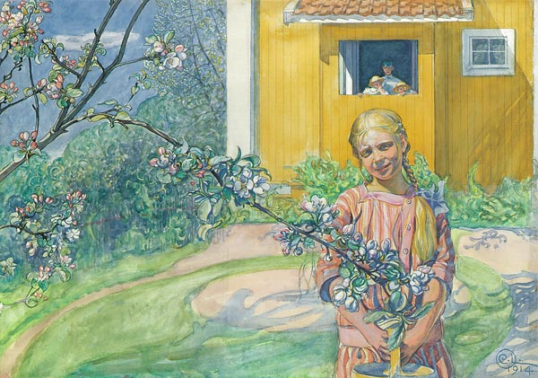 Mädchen mit einem blühenden Apfelzweig de Carl Larsson