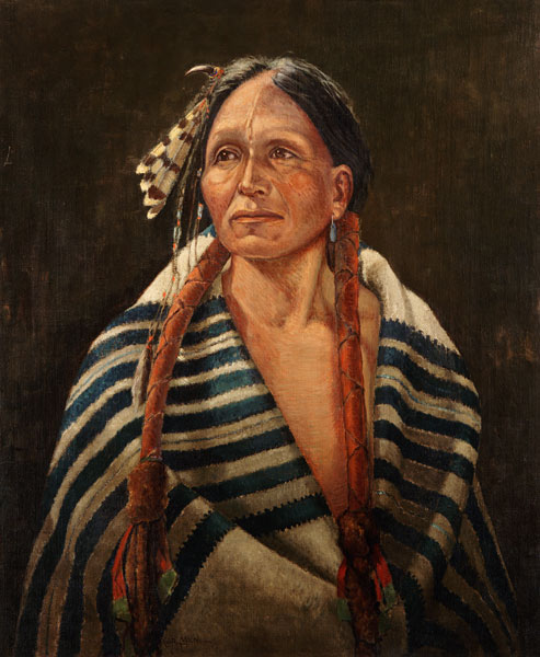 Indian with striped blanket (oil on canvas mounted on panel) de Carl Moon