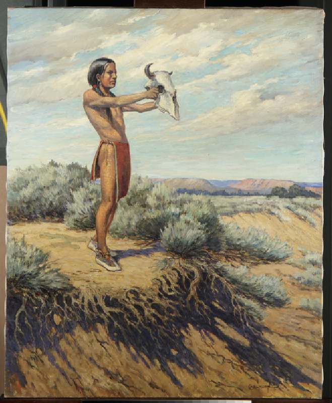 Indian boy with buffalo skull (oil on canvas) de Carl Moon
