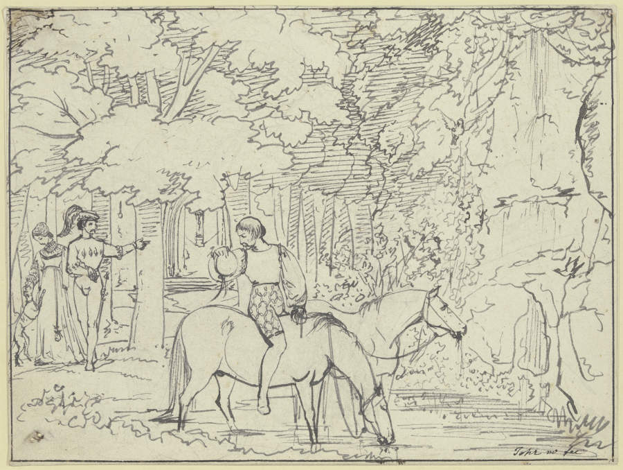 An einem Waldrand tränkt ein Reitknecht zwei Pferde de Carl Philipp Fohr