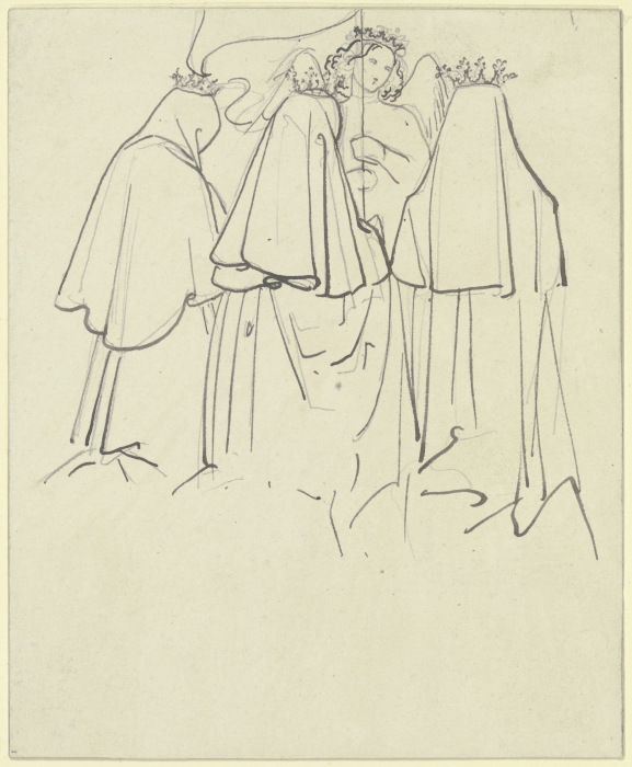 Drei gekrönte Frauen knien vor einem Engel, der eine Fahne schwingt de Carl Philipp Fohr