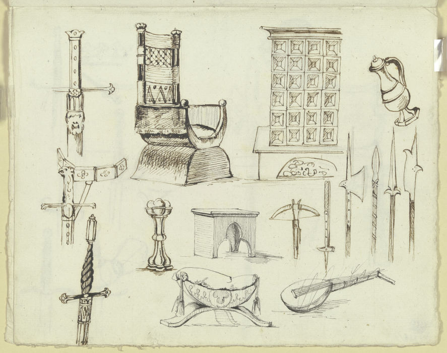 Mittelalterliche Möbelstücke, ein Kachelofen, Waffen und Gerätschaften de Carl Philipp Fohr