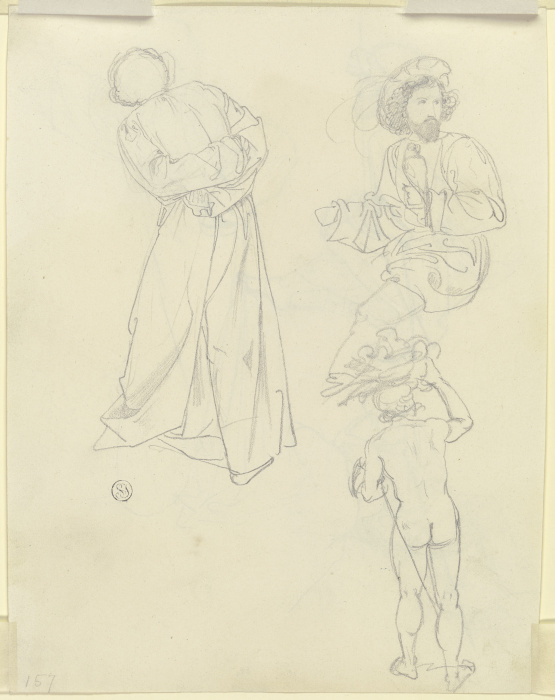 Stehende Figur im langen Mantel, sitzender Mann mit Barett und Falken auf der Hand, Rückenakt mit Bü de Carl Philipp Fohr