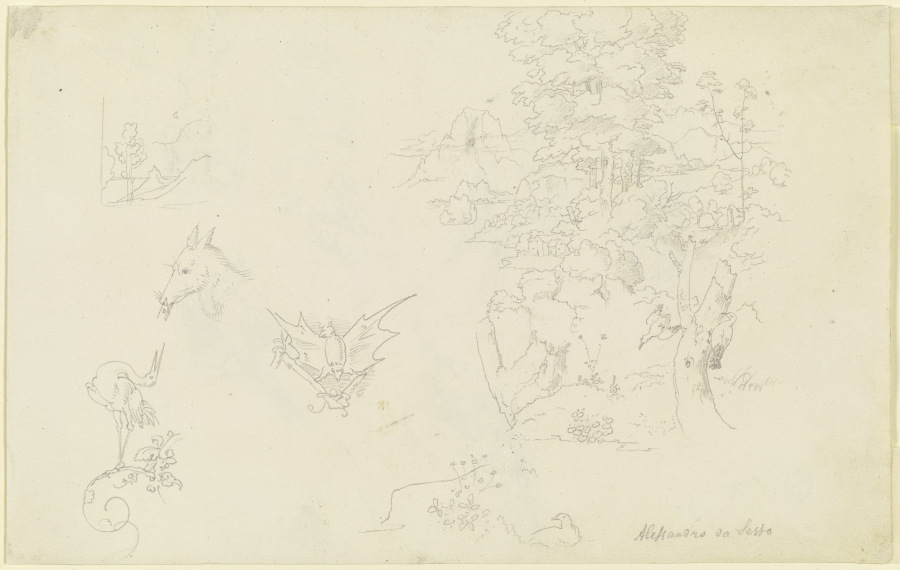 Tiere mit Ranken; eine Fledermaus; ein kleiner und ein größerer Landschaftsausschnitt mit zwei Vögel de Carl Philipp Fohr
