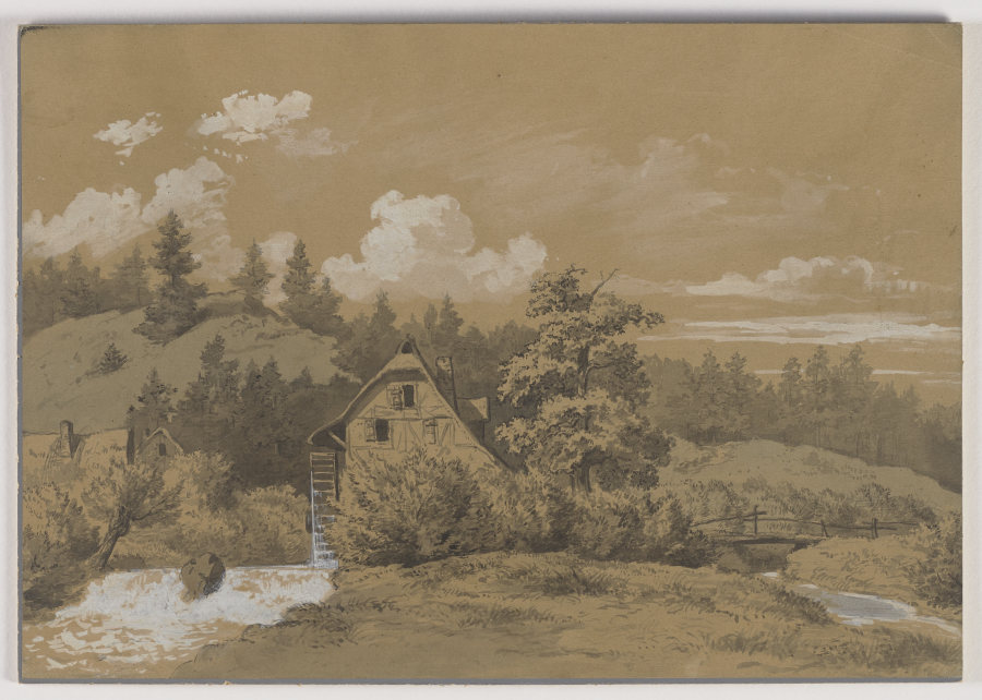 Landschaft mit Fachwerkhaus und Kaskade de Carl Roux