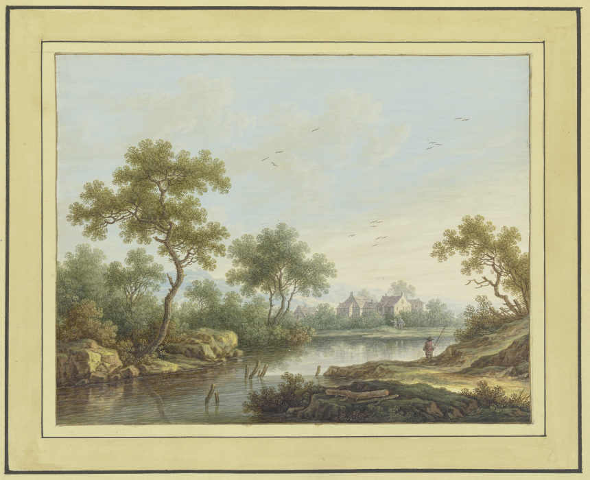 Landschaft mit einem Fluß, an dessen von Bäumen bestandenem Ufer rechts ein Angler steht de Carl Sebastian von Bemmel