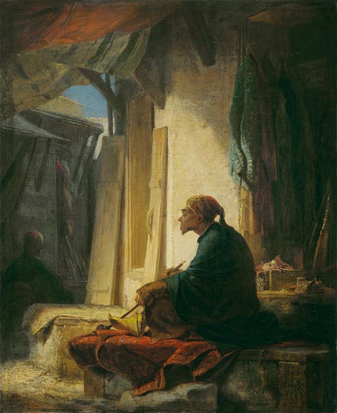 Diddle, sitting on a bench carpeted carpet in the de Carl Spitzweg