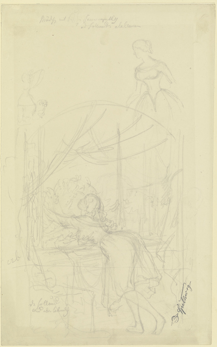 Mädchen am Fenster, einen Blumenstock umarmend, darüber Skizzen zweier Mädchen de Carl Spitzweg