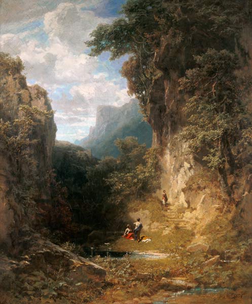 Mountain ravine of women taking a bath de Carl Spitzweg