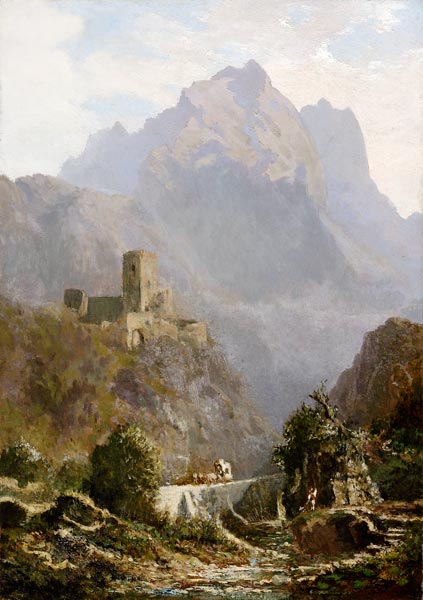 Romantische Abendlandschaft in Südtirol (Post im Gebirge). de Carl Spitzweg