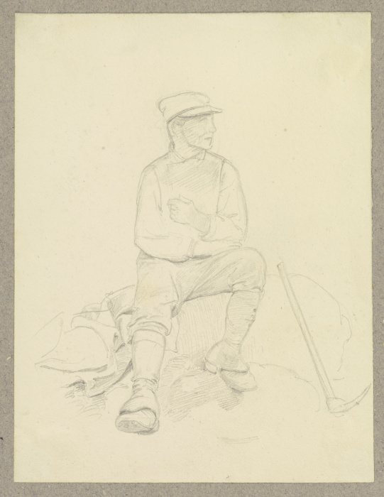 Arbeiter, auf einem Stein sitzend, neben ihm eine Spitzhacke de Carl Theodor Reiffenstein