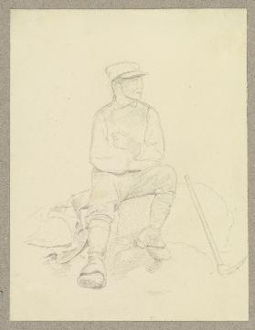 Arbeiter, auf einem Stein sitzend, neben ihm eine Spitzhacke