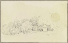 Baumreihe, davor ein kapellenartiges Häuslein; oben rechts ein skizzierter Kopf