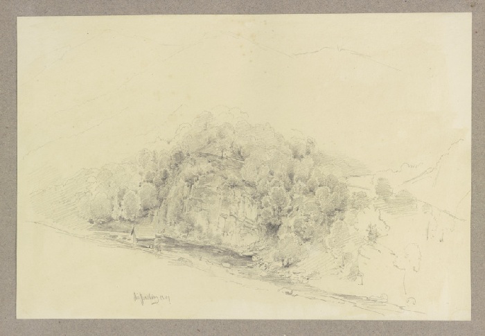 Bewaldeter Bergrücken, zu einem Fluss steil abfallend de Carl Theodor Reiffenstein