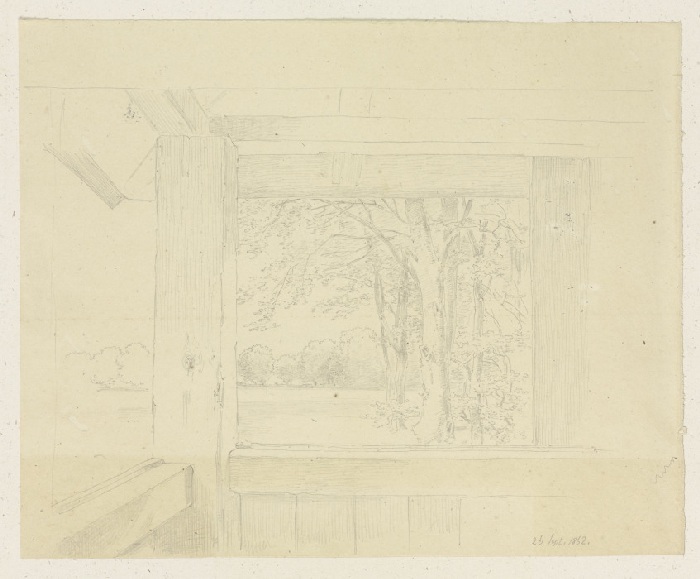 Blick aus einer Holzhütte auf eine Waldlichtung de Carl Theodor Reiffenstein