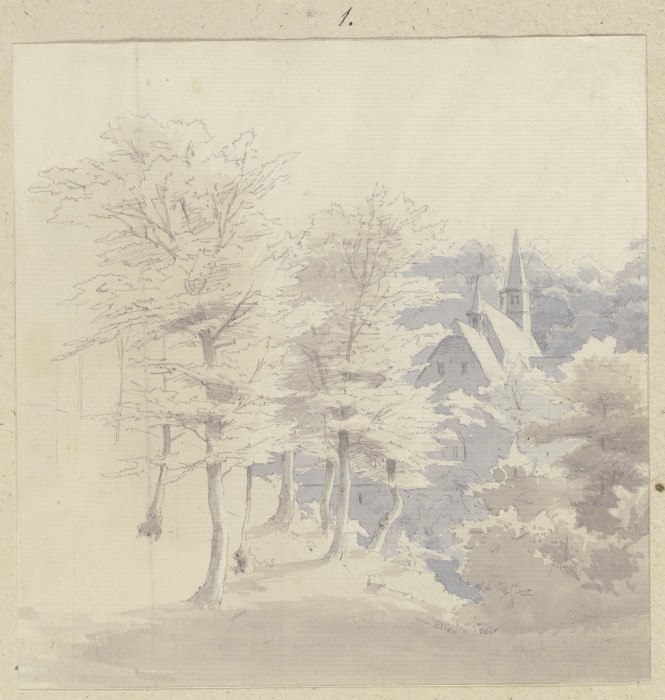 Blick durch Bäume auf das Kloster Nothgottes de Carl Theodor Reiffenstein