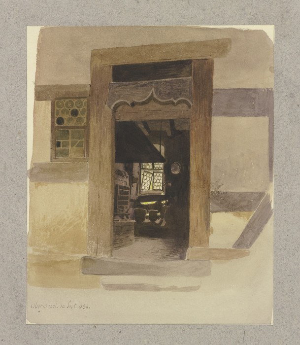 Blick durch einen geschnitzten Türrahmen in einen Innenraum in Oberwesel de Carl Theodor Reiffenstein