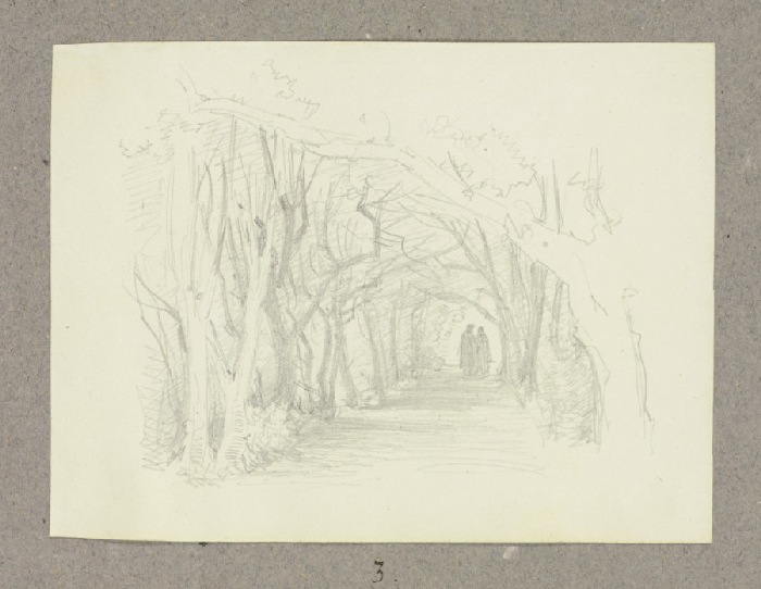 Ein von Bäumen gesäumter Weg mit zwei Staffagefiguren de Carl Theodor Reiffenstein
