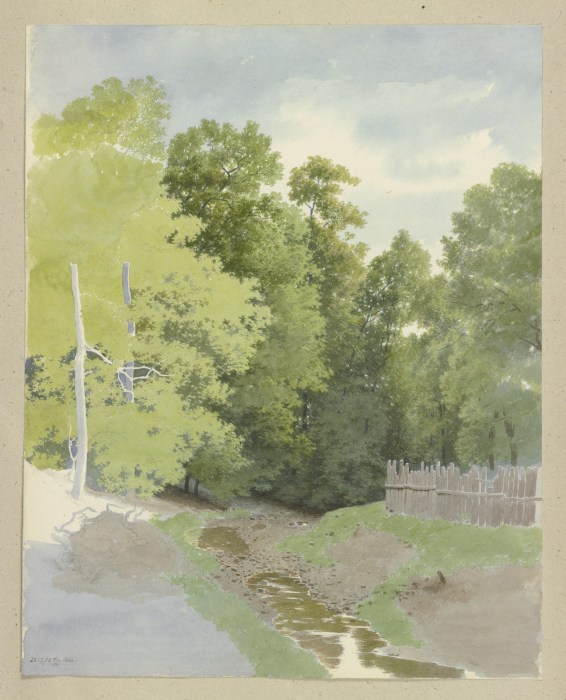 Ein Zaun entlang eines trockengefallenen Bachlaufes am Waldrand de Carl Theodor Reiffenstein