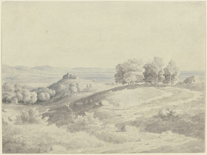 Gebirgslandschaft, im Mittelgrund eine Anhöhe mit einer Burg, rechts Baumgruppen de Carl Theodor Reiffenstein