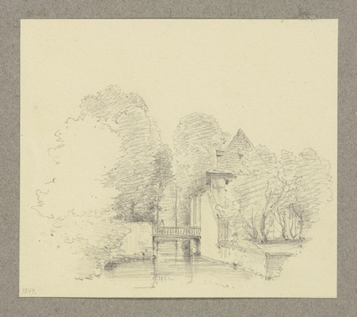 Holzbrücke und Torhaus an einem Gewässer de Carl Theodor Reiffenstein