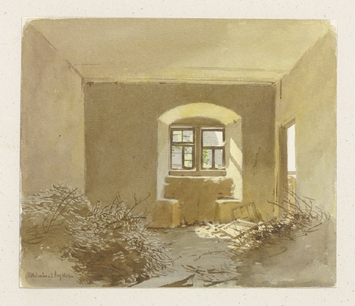 Raum mit Fensternische und gelagerten Reisigbündeln de Carl Theodor Reiffenstein