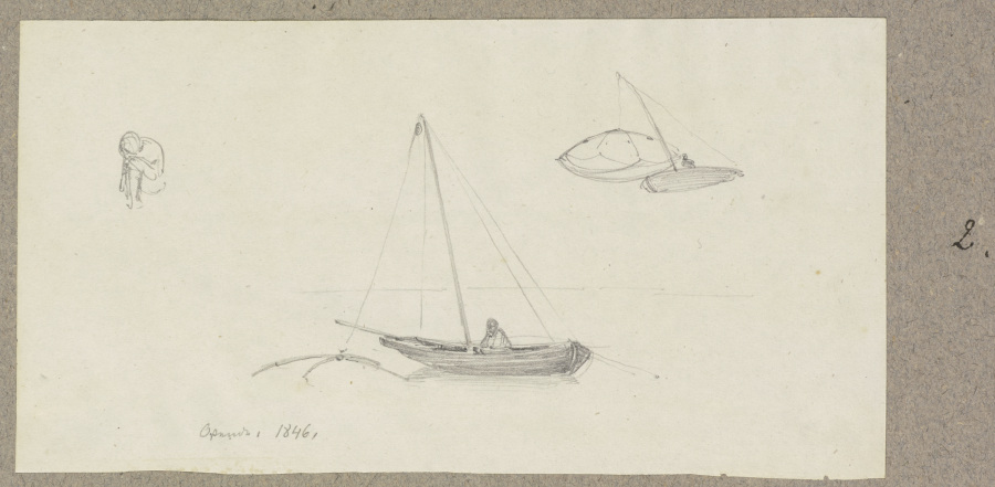 Studienblatt: Zwei Boote mit Fischern und Reusen, links eine kauernde Figur de Carl Theodor Reiffenstein