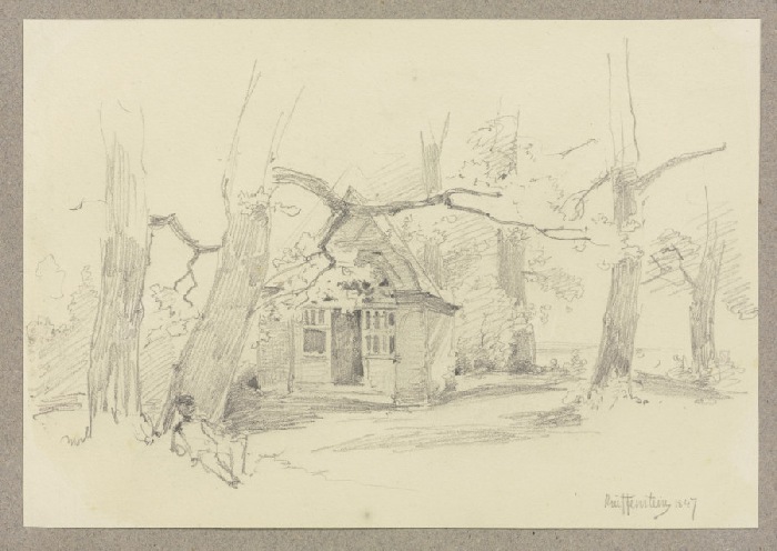 Von Bäumen umstandenes Häuschen de Carl Theodor Reiffenstein
