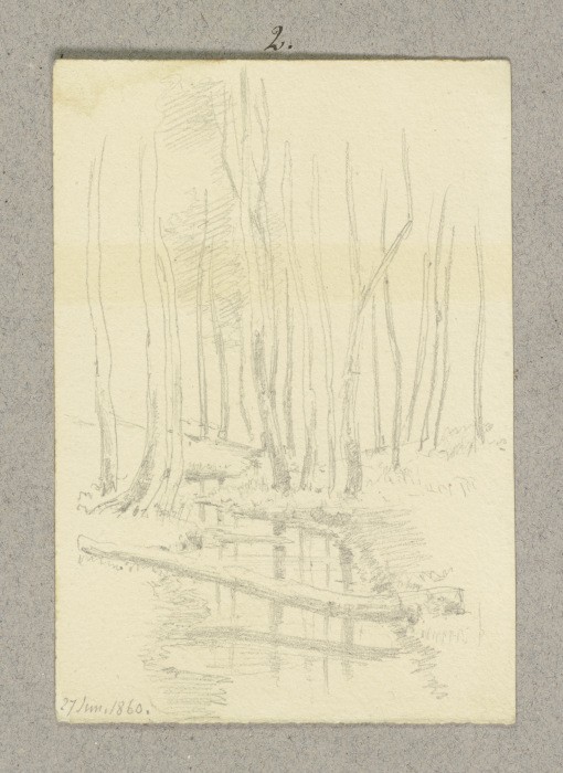 Zwischen Bäumen fließender Bach, über ihn führt ein liegender Baumstamm de Carl Theodor Reiffenstein