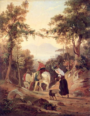 Italian Landscape with Peasants, c.1845 (oil on wood) de Carl Wilhelm Götzloff