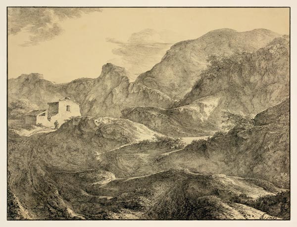 Gebirgslandschaft, links ein Haus mit einem Wanderer davor de Carl Friedrich von Rumohr