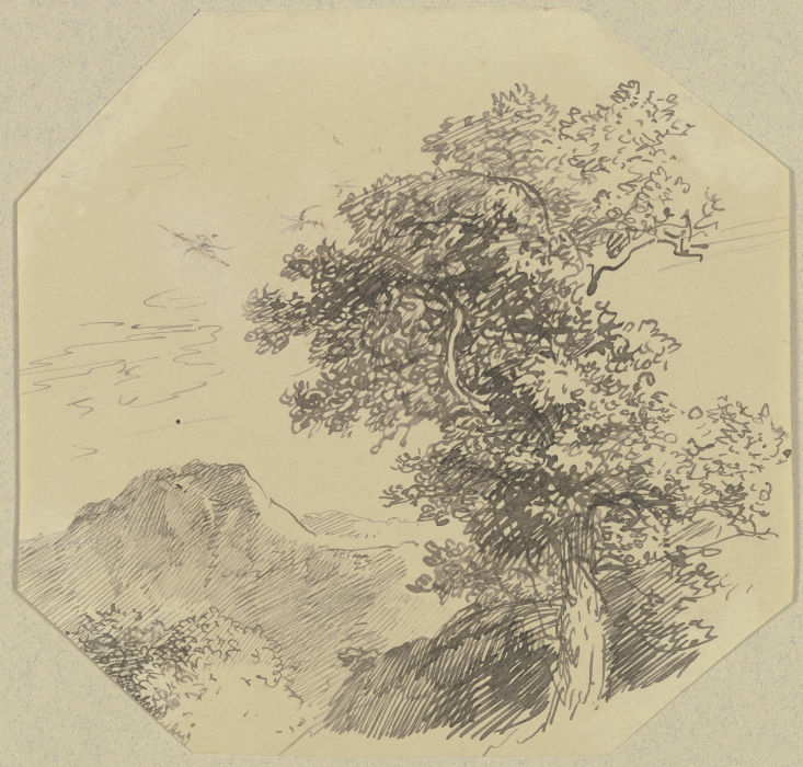 Gebirgslandschaft, rechts vorne ein großer Baum de Carl Friedrich von Rumohr