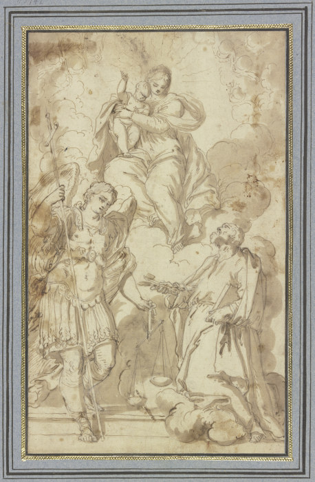 Madonna in Wolken, verehrt vom Erzengel Michael und dem Heiligen Petrus de Carlo Caliari