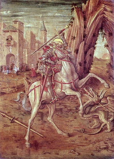 St. George and the Dragon, scene from the predella panel of the ''Madonna della Rondine'' altarpiece de Carlo Crivelli